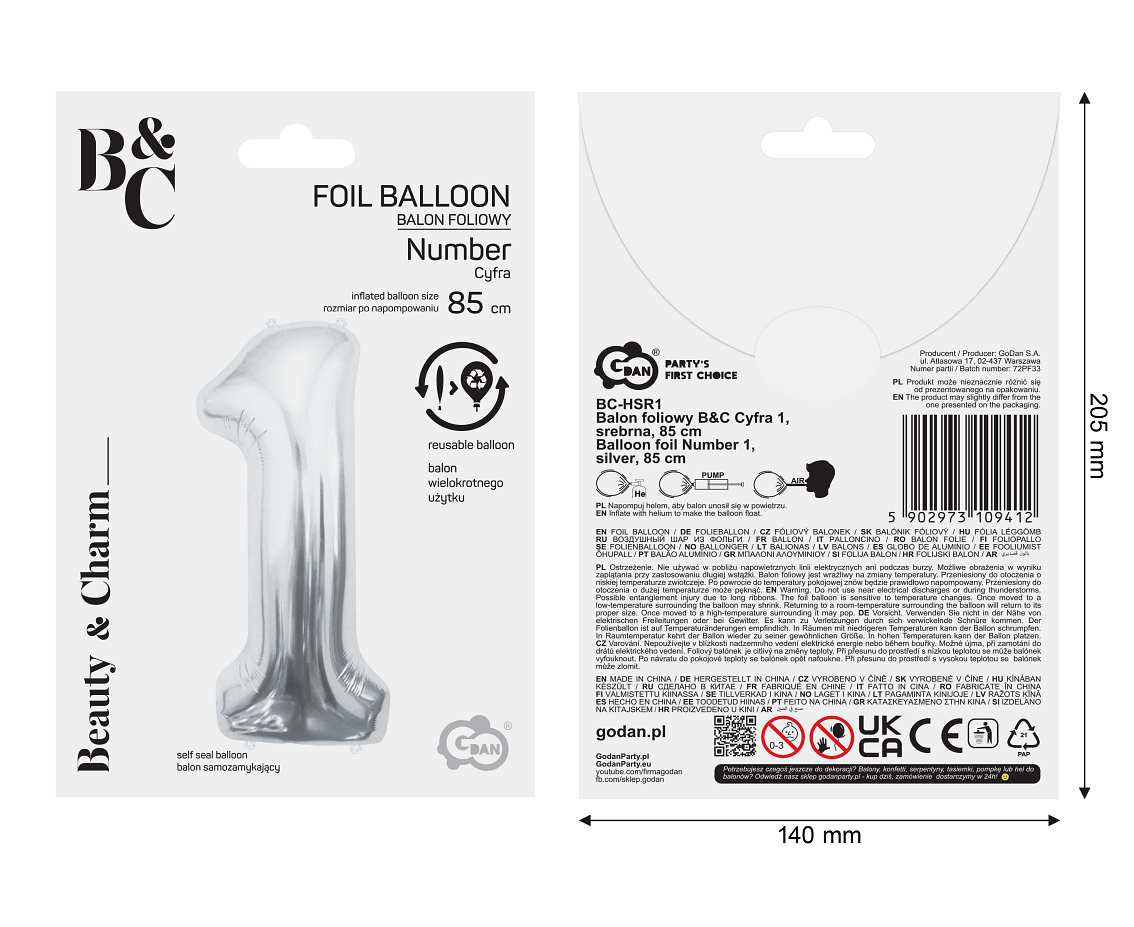 Foil balloon B&C Number 1, silver, 85 cm